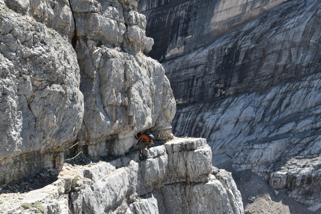 Alessandro on the traverse - Tower of Sabbioni