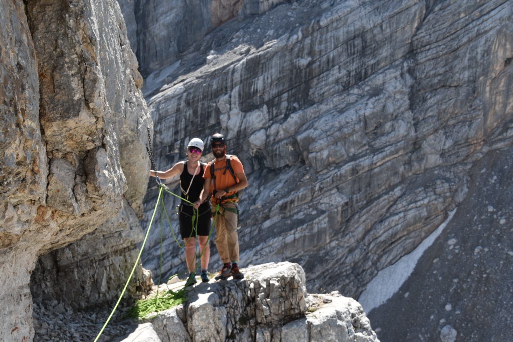 Barbara and Alessandro on the belay stance at the end of the traverse - Tower of Sabbioni