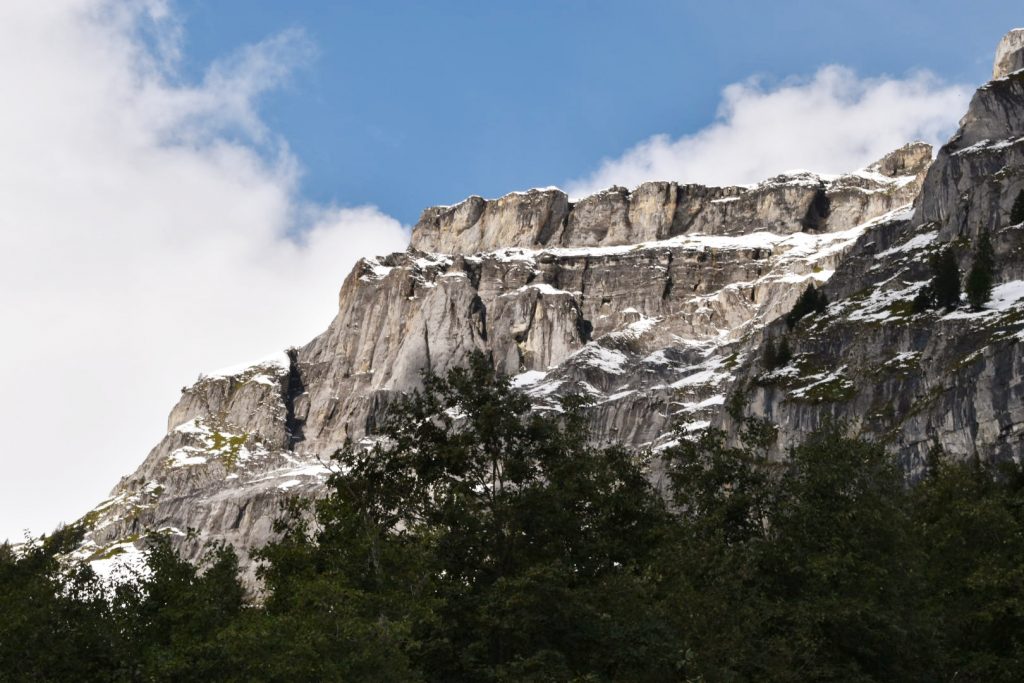 Snow crashed down in small avalanches from the rock faces above Foppa (1440m)