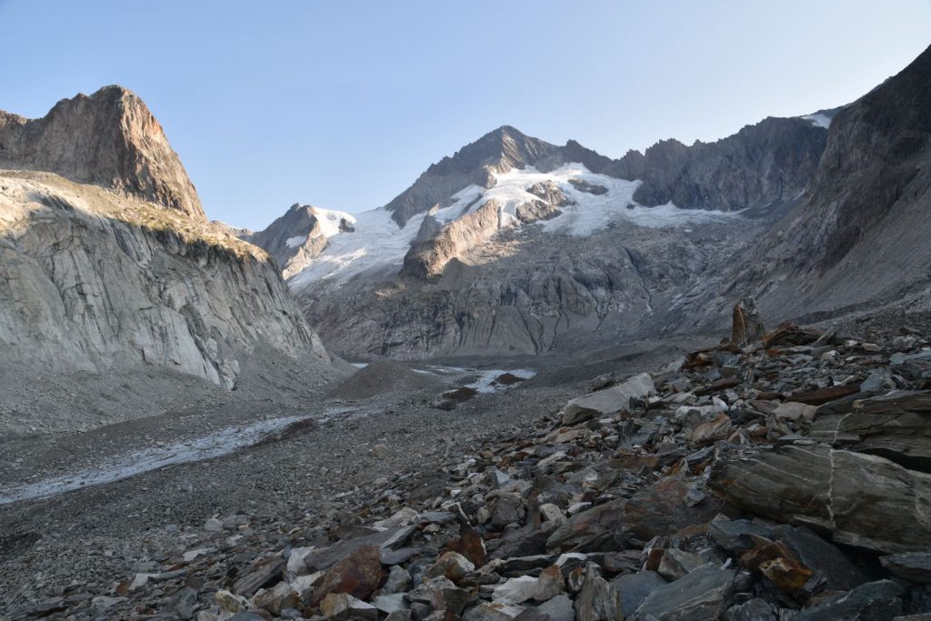 The Oberaletsch Glacier starting at the Aletschhorn. The tongue of the glacier surrounded by moraine.