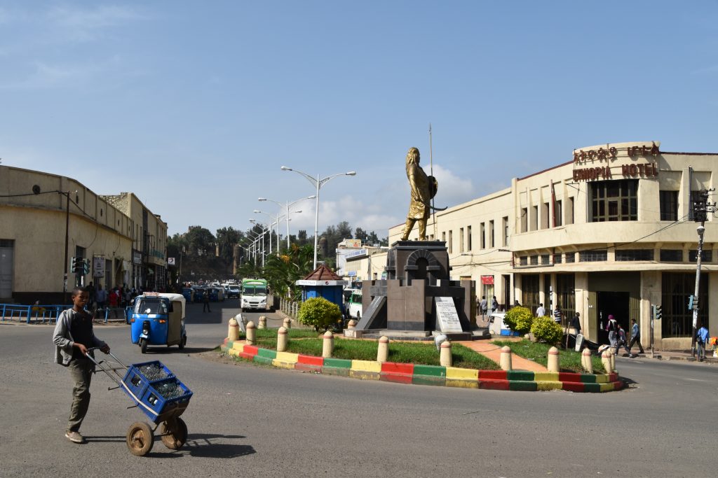 Centre of Gondar, man and machine driven vehicles have equal rights