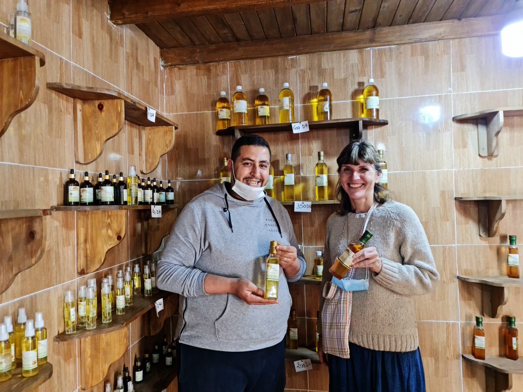Habib and Barbara in the shop - culinary and oil-based cosmetic products