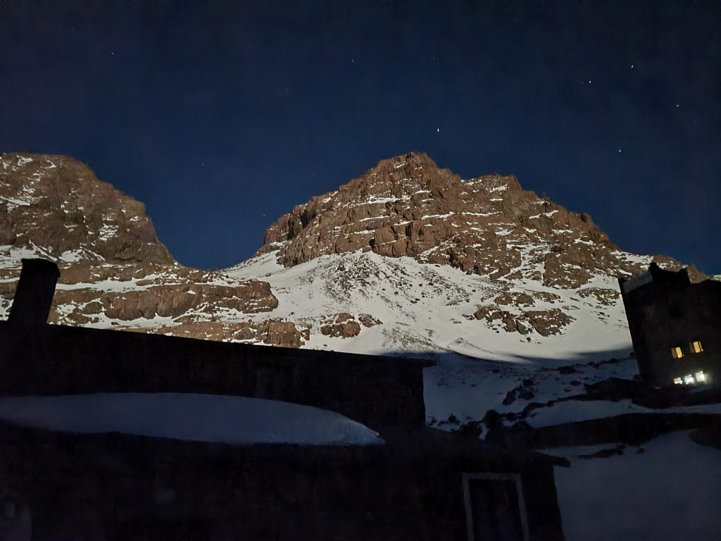 Moonlit peak behind the Refuge les Mouflons
