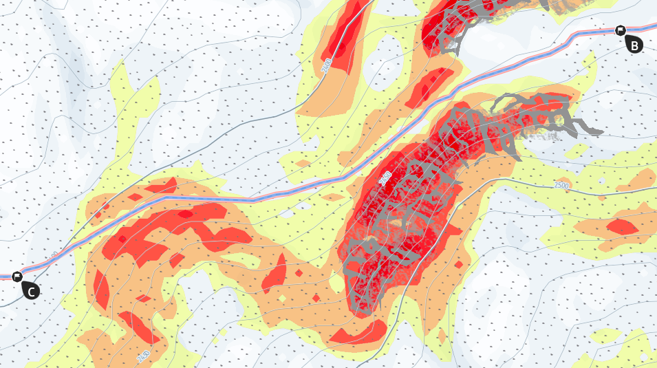 The high-risk avalanche zone (B to C) on the Hörnligrat to Urdenfürggli traverse